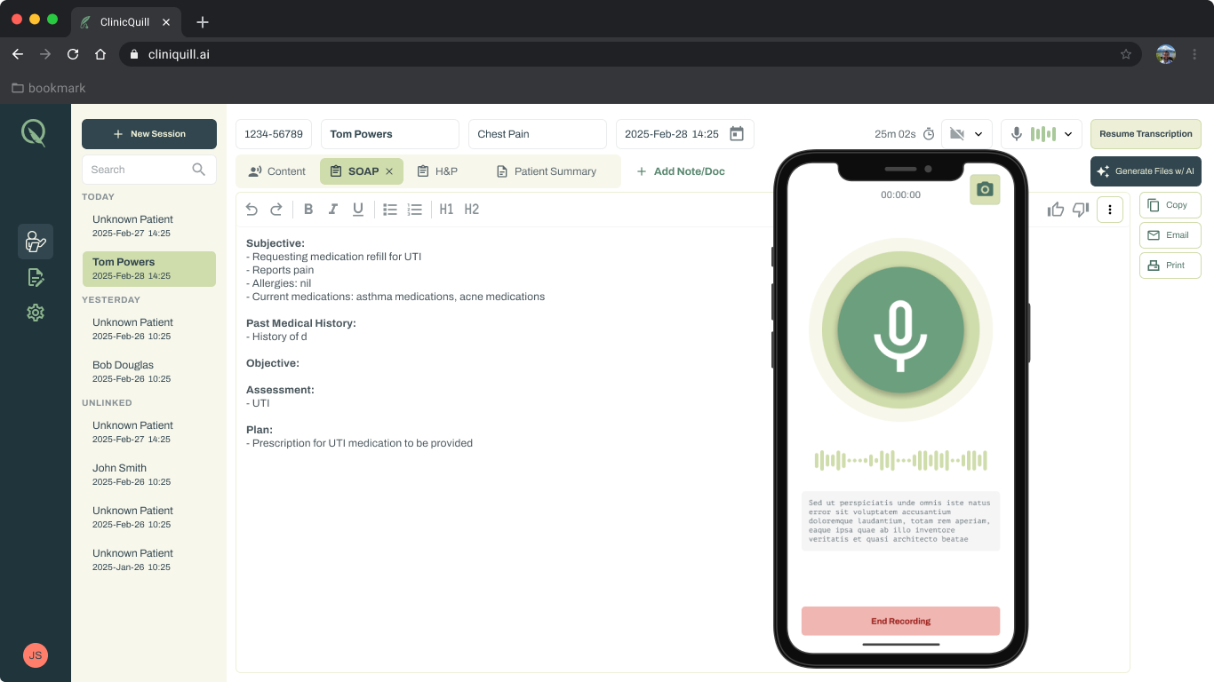A screenshot of the CliniQuill desktop and mobile app, an AI assistant for nursing, therapy and allied health practitioners.