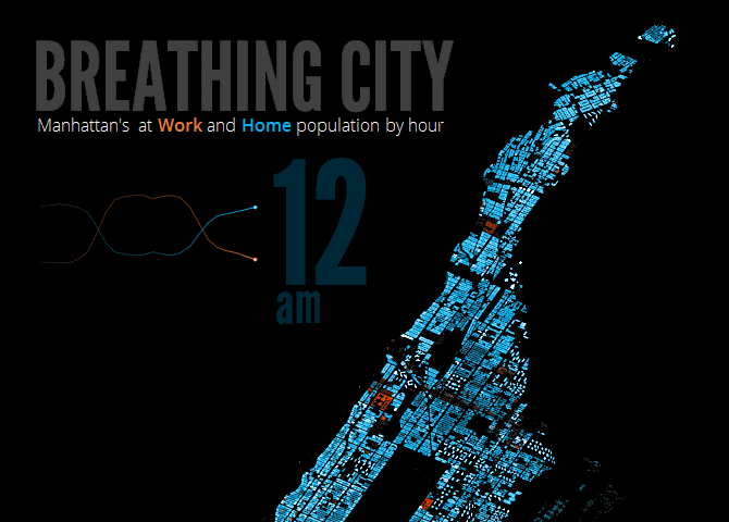 A cropped top half of Manhattan animated map showing at work and at home population by the hour across the different building footprints of the city.