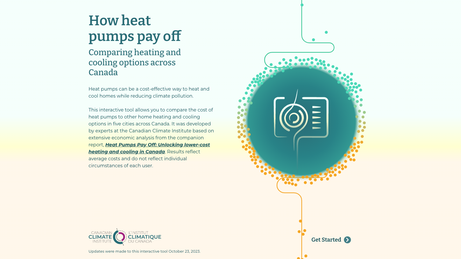 A screenshot of the heat pump calculator tool with title "How heat pumps pay off: Comparing heating and cooling options across Canada" Many small dots encircle an icon representing a heat pump.