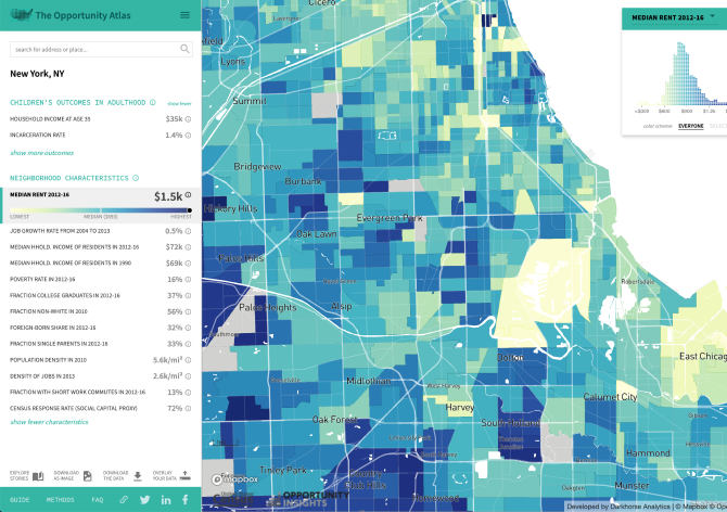 A screenshot of the opportunity atlas. Map is zoomed in on New York, NY and shows the relatively high median rents in the area.
