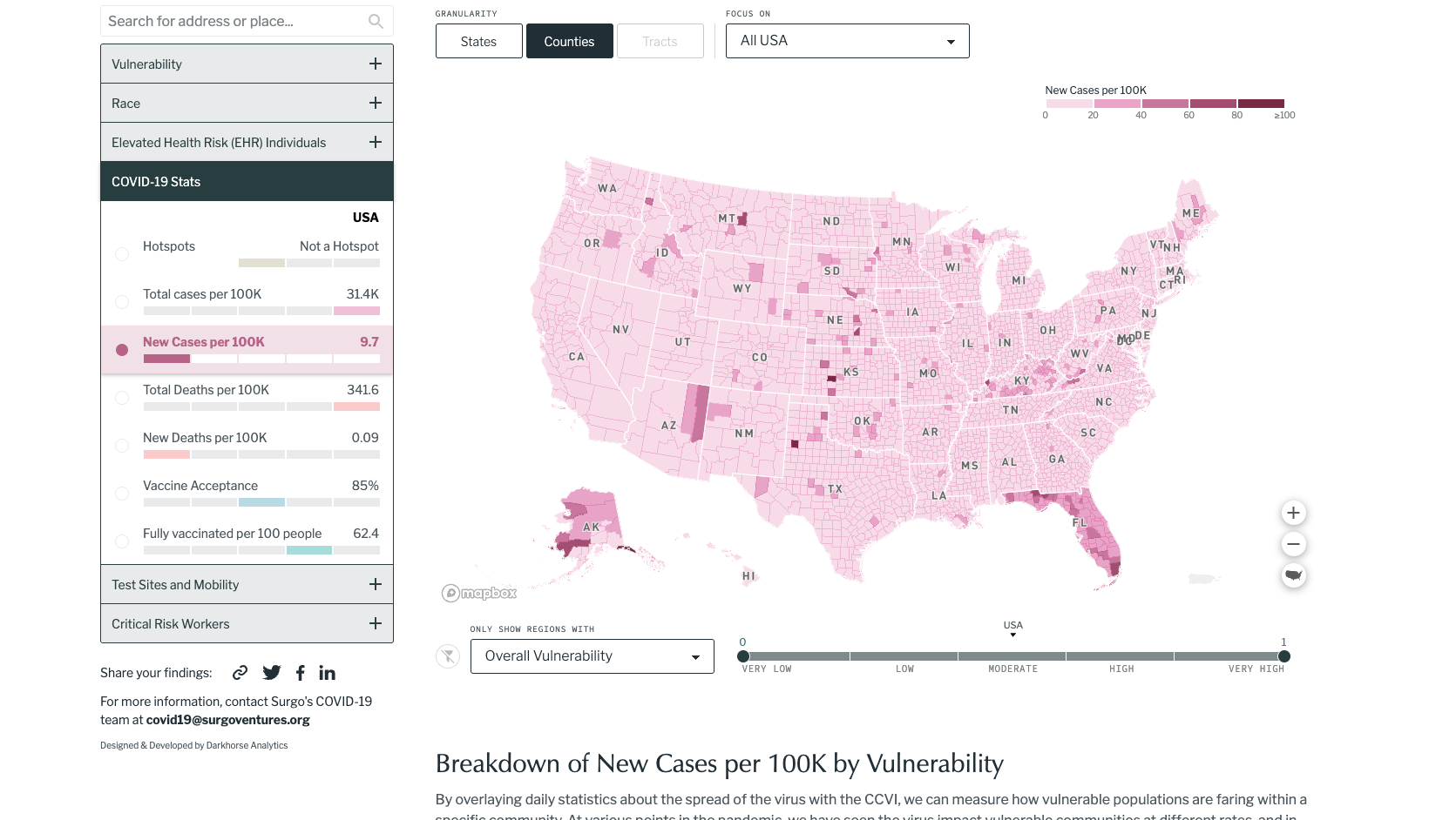 A map of US counties showing New Cases per 100K with the option to view a number of additional metrics.
