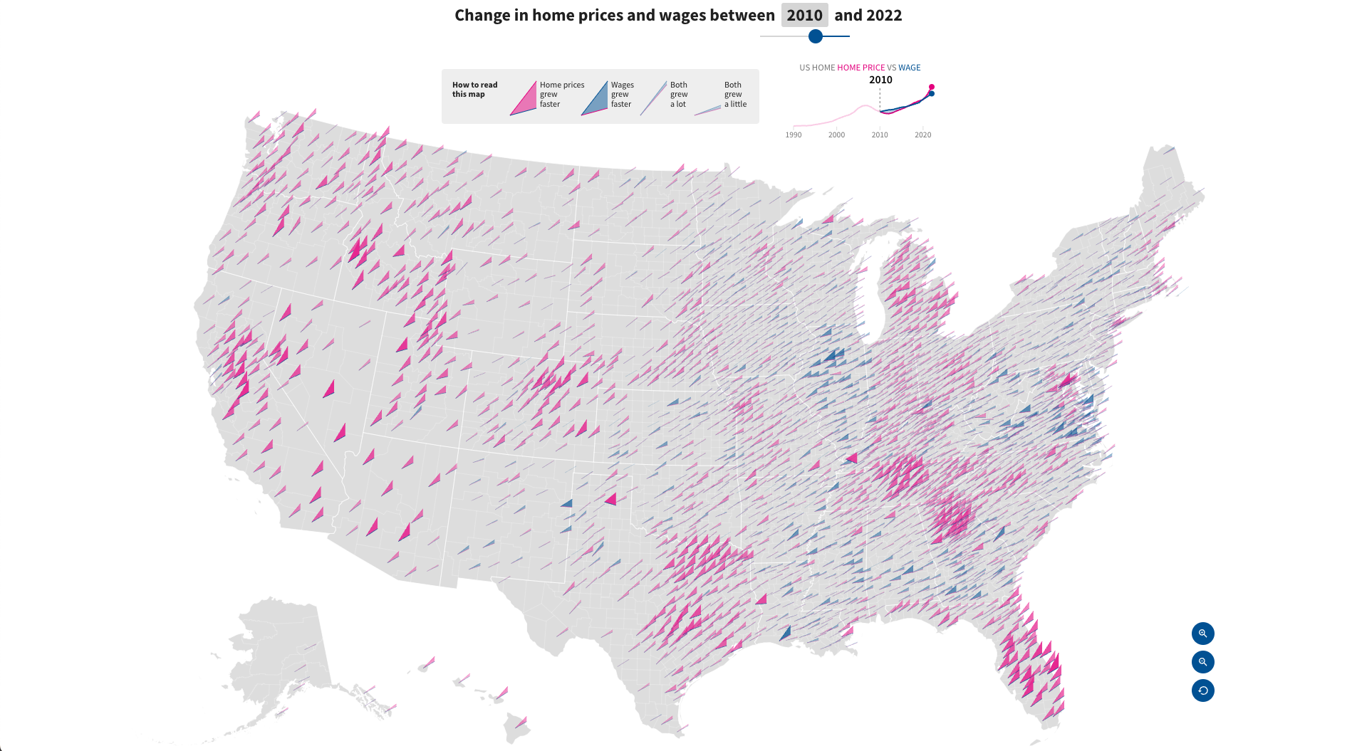 A map of US counties with triangle for each county representing the growth in home prices relative to the growth in wages. Home price growth has outstripped wages in almost every county.